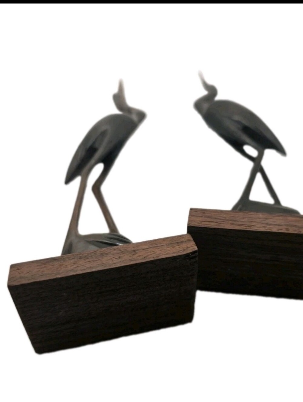 Vintage Hand Carved Wood and Horn Heron Crane Sculptures in Dark Patina (Pair) - Picture 2 of 6